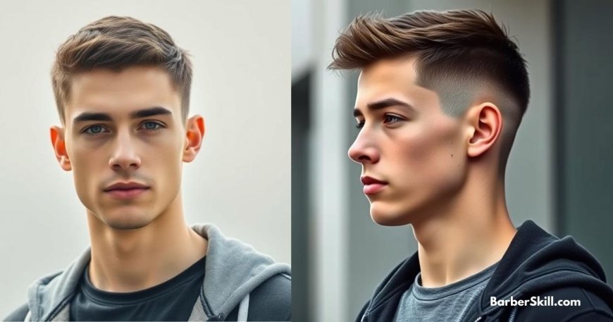 Side and front view of a Classic Low Fade haircut.