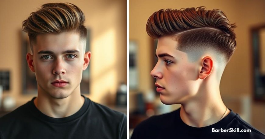 Young man with a low skin fade haircut, featuring a sharp fade above the ears and a textured, voluminous top.