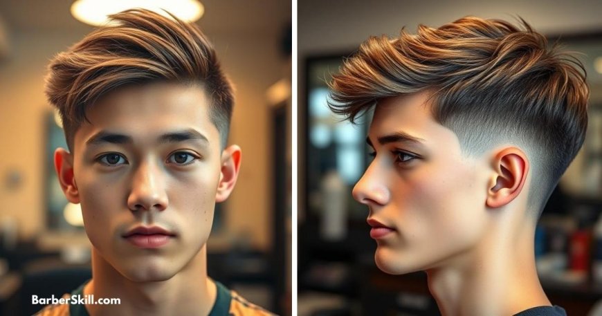 Side and front view of a stylish low taper fade haircut.