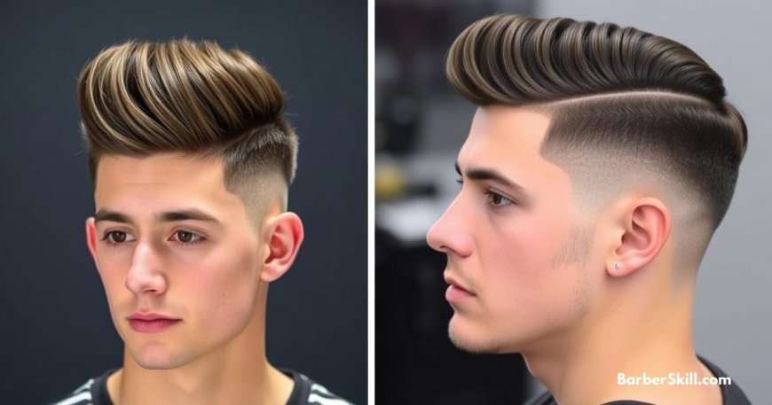 Front and side view of a low drop fade haircut with a sharp skin fade around the temples, blending into a voluminous, neatly styled top. The lineup is crisp and symmetrical, enhancing the clean, modern look.