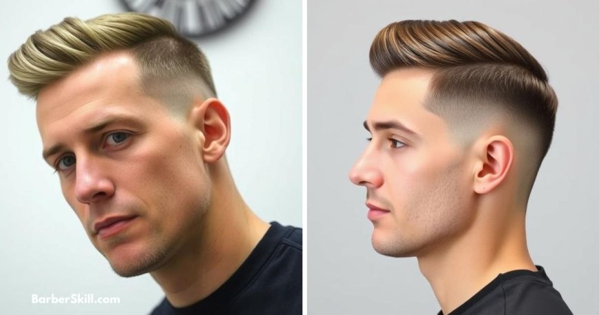 A clean-shaven man with a low fade comb over hairstyle, featuring neatly faded sides that blend into the longer, smoothly combed-over hair on top with a natural shine.