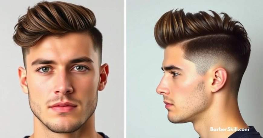 Low fade with quiff hairstyle featuring tapered sides and voluminous textured top, styled upward for a modern look.