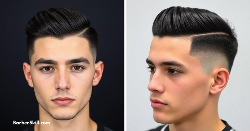 Low Fade with Hard Part hairstyle, featuring a sharp shaved parting line and neatly styled top hair combed to one side.