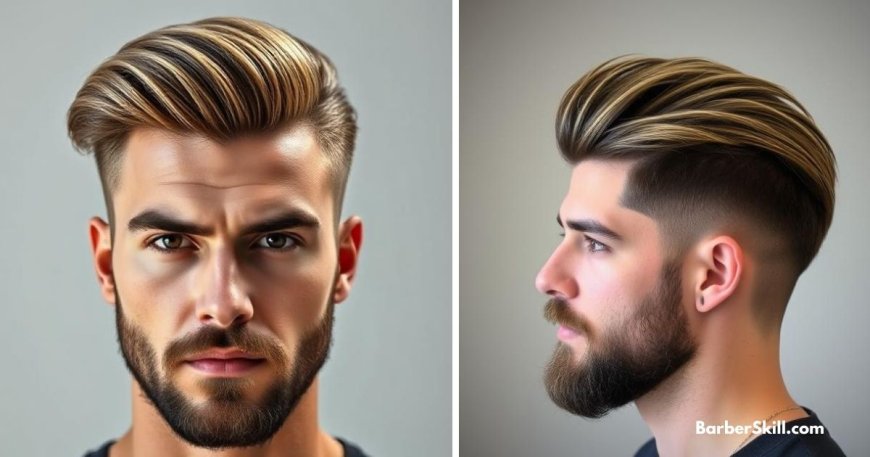 Front and side view of Low Fade Slick Back haircut.