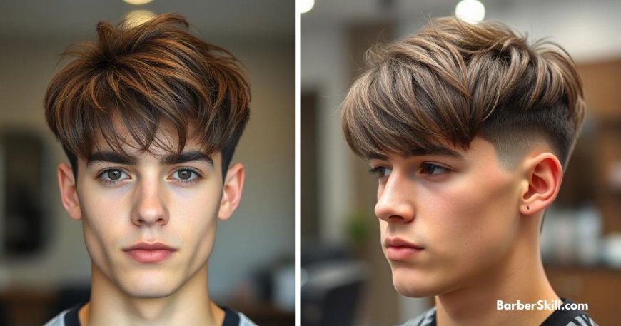 Low fade haircut with a long fringe, featuring neatly faded sides and thick, textured top hair combed forward to cover the forehead.