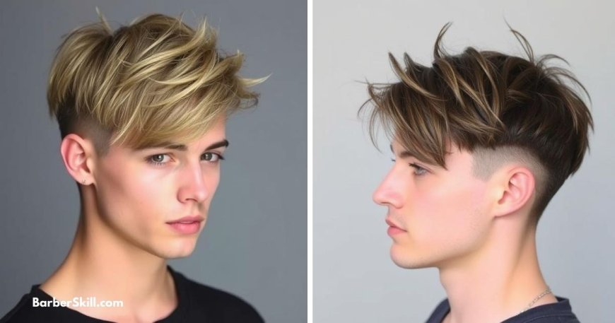 Low fade haircut with a messy textured top, featuring tousled layers for a rugged and stylish look.