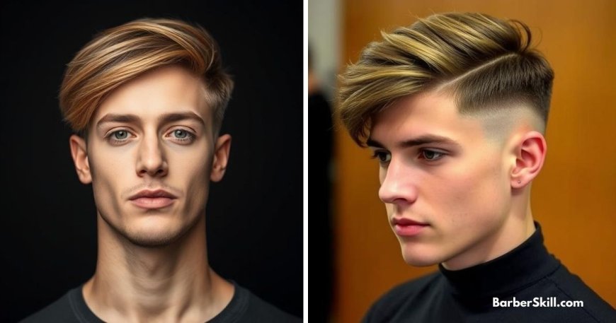 Low fade haircut with a side-swept fringe, featuring neatly faded sides and textured top hair styled to one side for a modern look.
