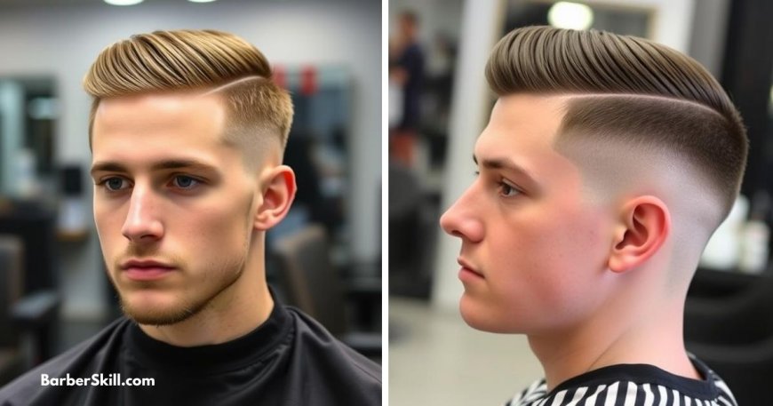 Low fade haircut with a sleek comb-over, featuring a defined hard part and smoothly styled top for a polished, modern look. Perfect for a sharp, professional appearance.