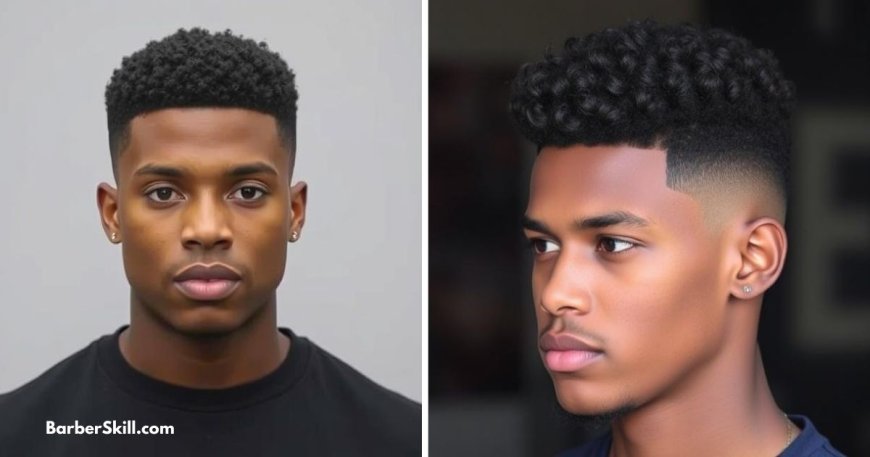 Low fade with mini afro, featuring neatly tapered sides and a defined curly top for a clean and stylish look.