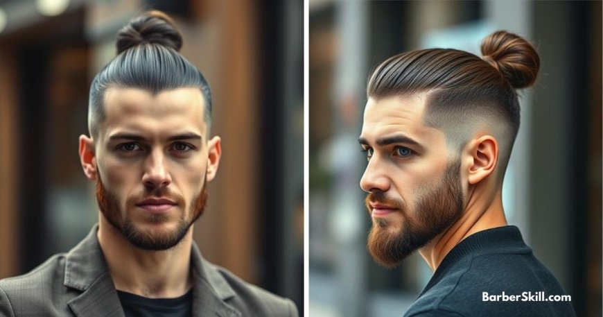 Man with a low fade, man bun, and groomed beard in a dark suit, set in an urban background
