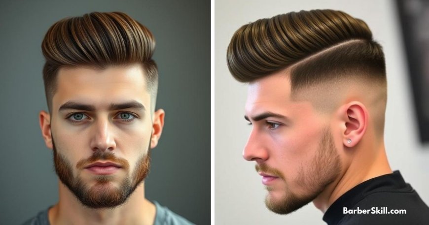 Man with a low fade side part pompadour, voluminous hair, and a well-groomed beard.