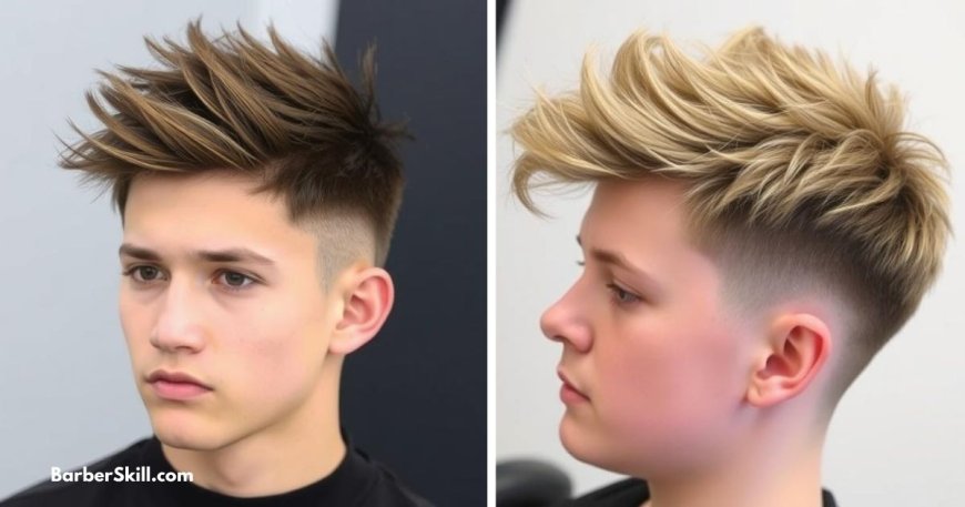 Low fade haircut with messy, textured spikes on top, creating a modern and edgy look.