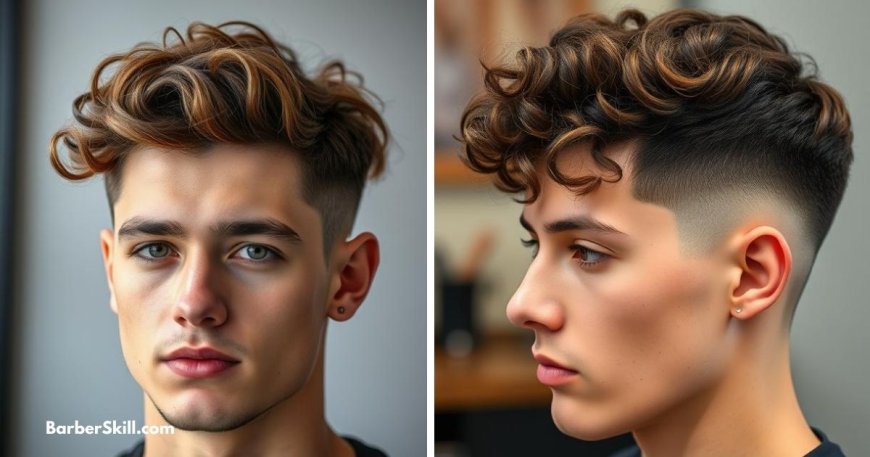 Low fade haircut with a curly fringe, tapered sides, and textured curls on the forehead.