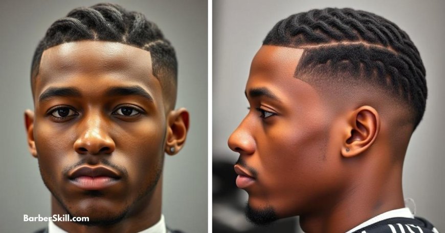 A low fade with neatly styled finger waves, featuring very small curls and no visible style lines.