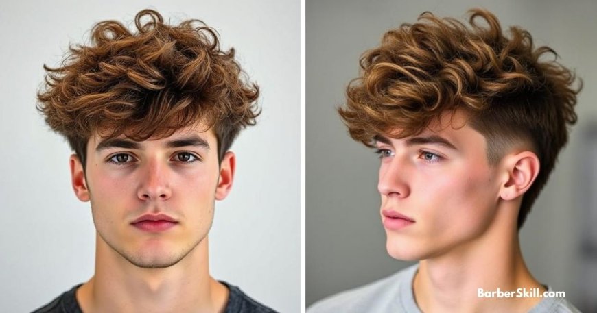 Thick, fluffy wavy hair with a low fade, featuring a voluminous top and neatly tapered sides for a  modern look.