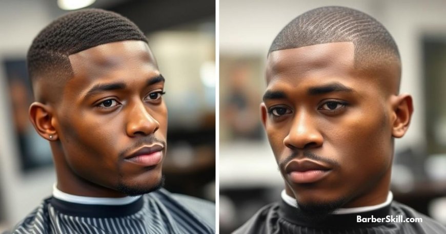 Waves buzz cut with low fade featuring waves and a low temp fade. The hairline is sharply edged for a clean, defined look.