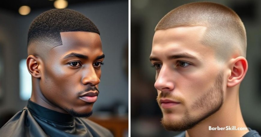 Modern buzz cut with a clean low fade and a neatly rounded front hairline shaped with a razor.