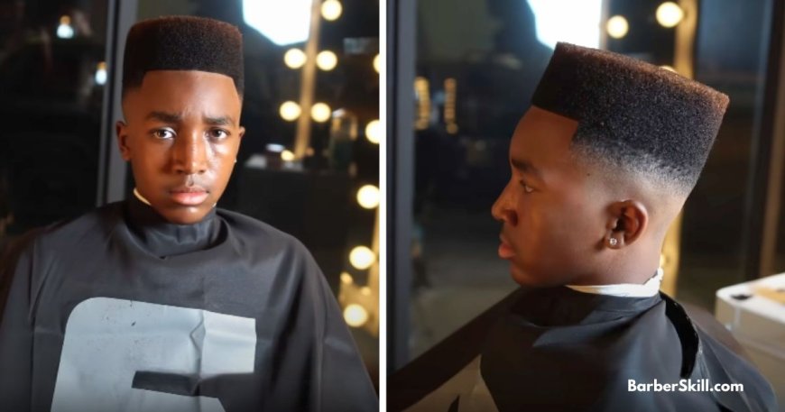 Low fade flat top haircut, featuring a sharp, even top and a seamless fade into the sides, set against a blurred barbershop background