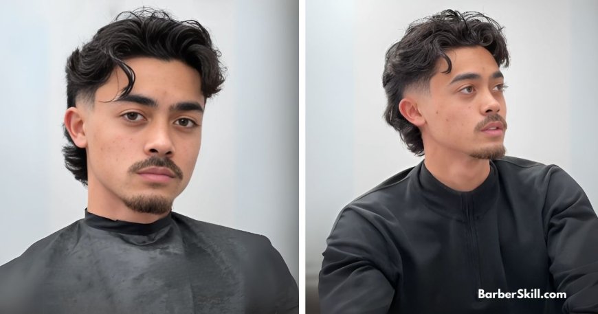 A stylish low burst fade haircut. The fade curves around the ear in a smooth transition, blending seamlessly into the longer hair on top. The top is voluminous and neatly styled.