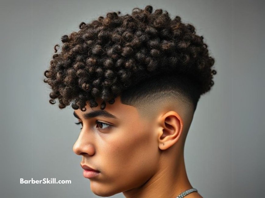 A young man with a broccoli haircut, featuring voluminous, curly hair on top with a sharp, low fade on the sides.