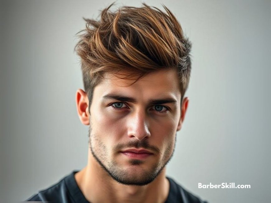 Messy quiff hairstyle with voluminous, textured hair swept upwards and slightly tousled, paired with neatly tapered sides.