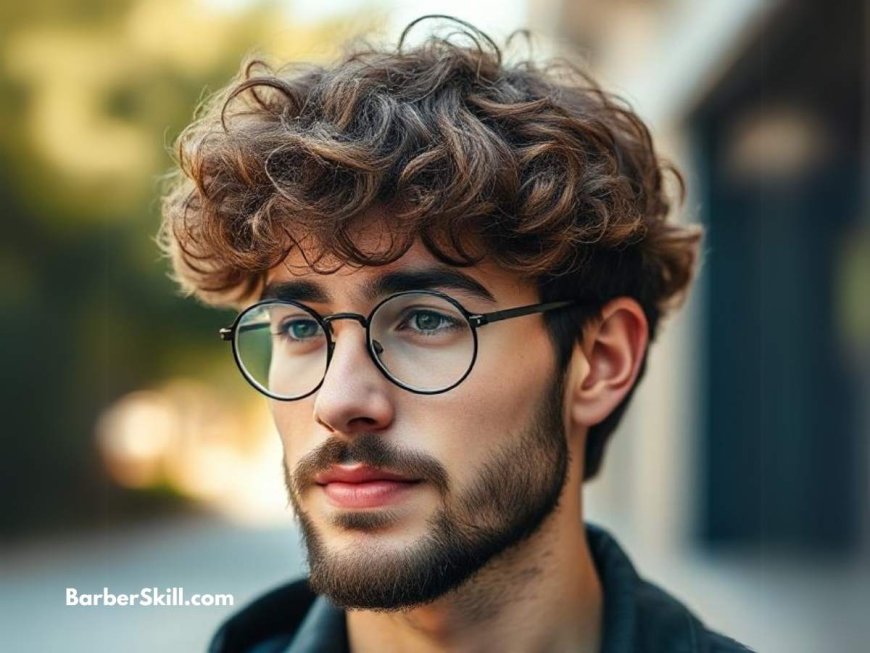 Curly fringe haircut with voluminous curls falling over the forehead, paired with a well-groomed beard and round glasses.