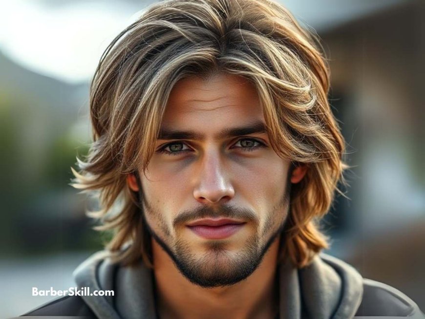 Layered medium-length hair with natural waves and volume.