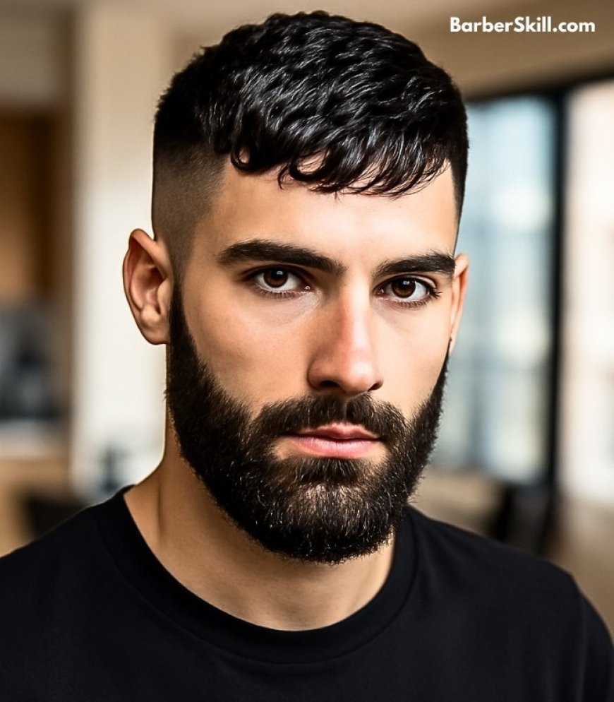 A handsome man having Bald Fade with Bangs haircut​