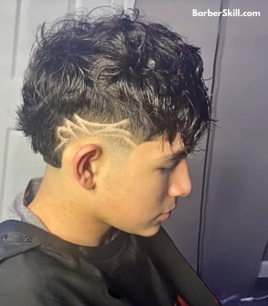 A man having Skin Burst Fade with Design haircut