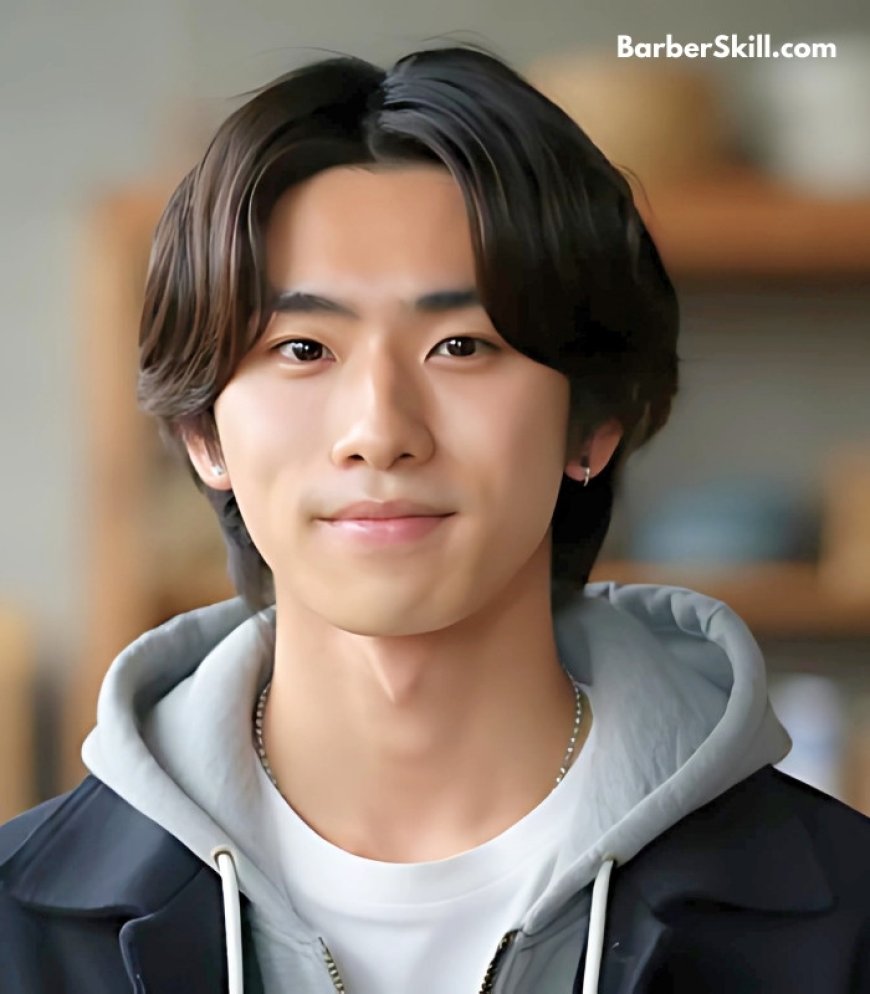 An Asian young man with Curtain Bangs hairstyle