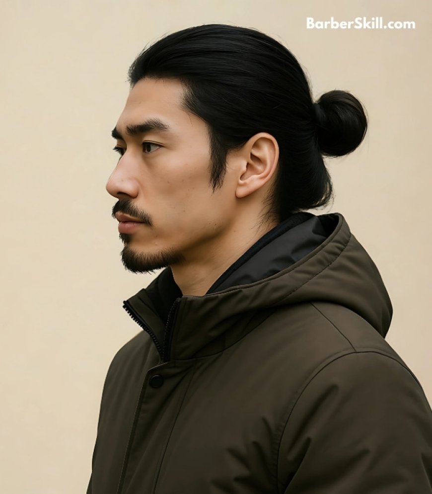 An Asian young man with Man Bun hairstyle