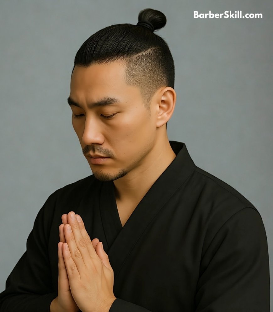 An Asian young man with Samurai Topknot (Chonmage) hairstyle