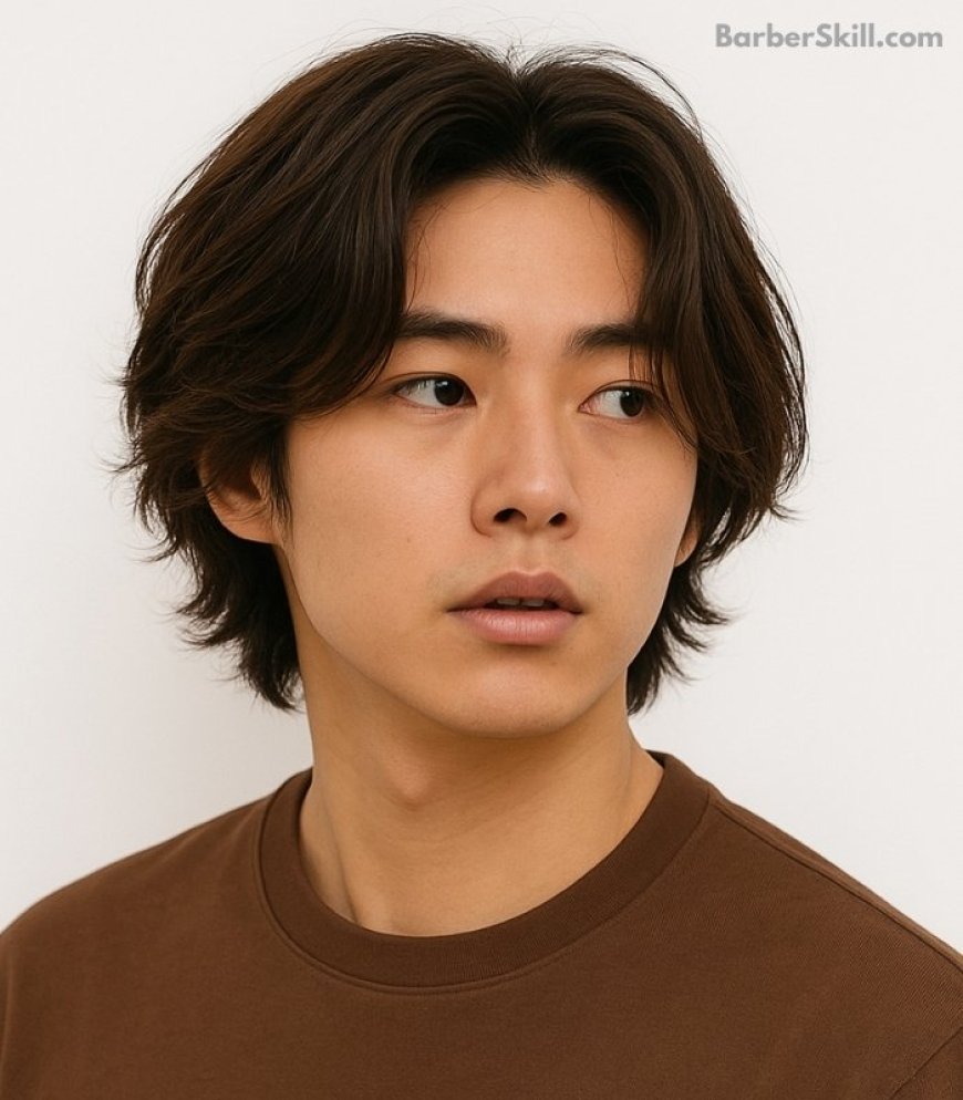 An Asian young man with Ear-Length Layers hairstyle