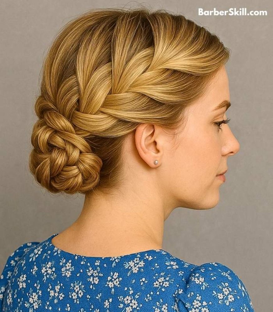 A beautiful girl having French Braid Updo hairstyle