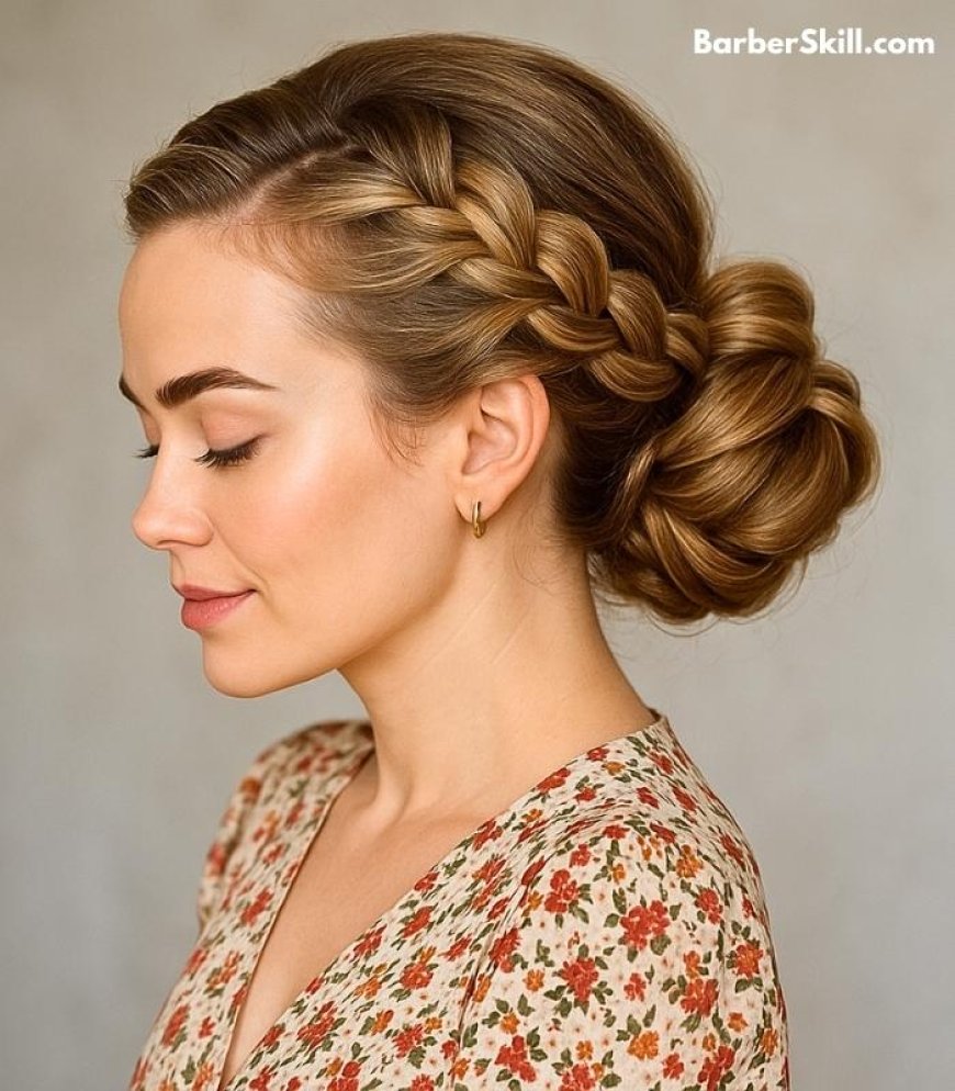 A beautiful girl having French Braid Bun hairstyle