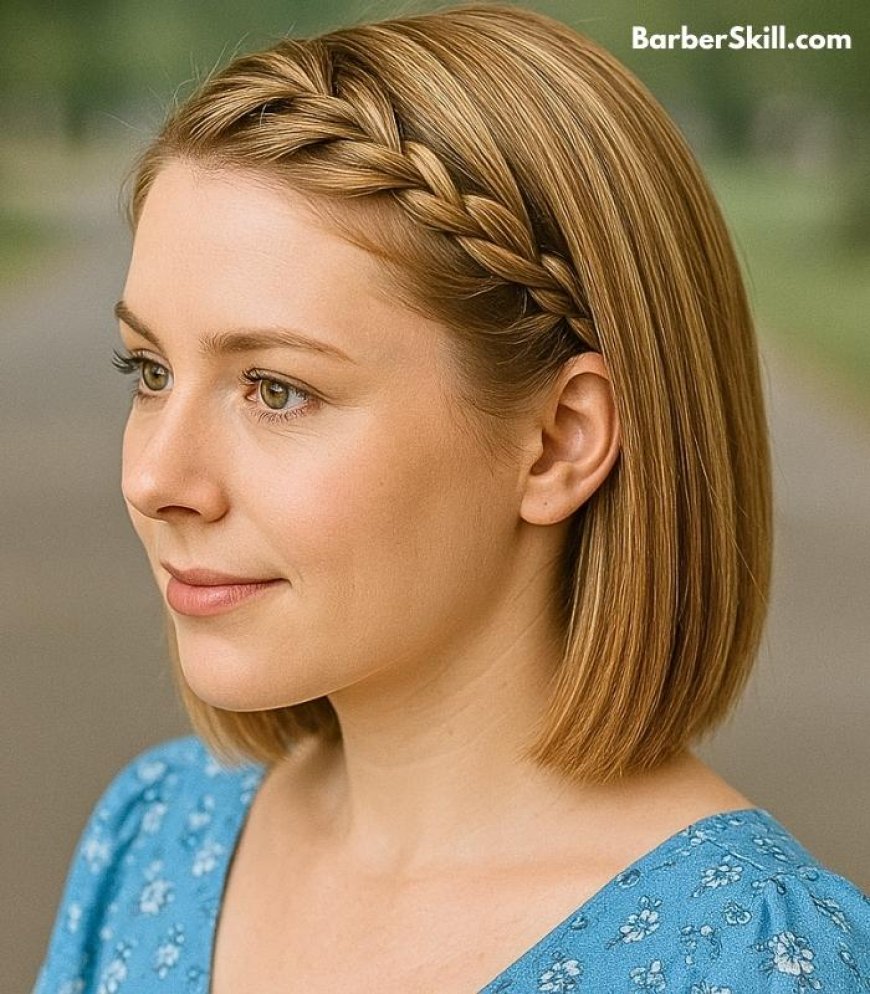 A beautiful girl having French Braid with Bangs hairstyle