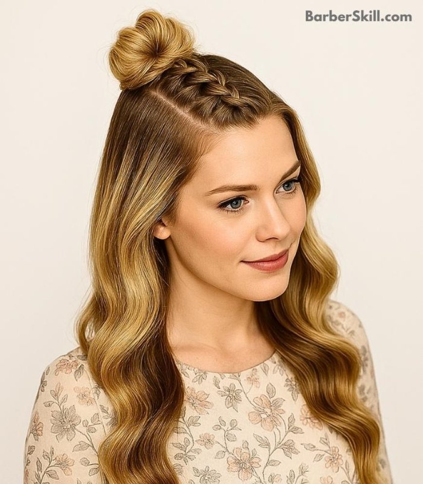 A beautiful girl having Half-Up French Braid hairstyle