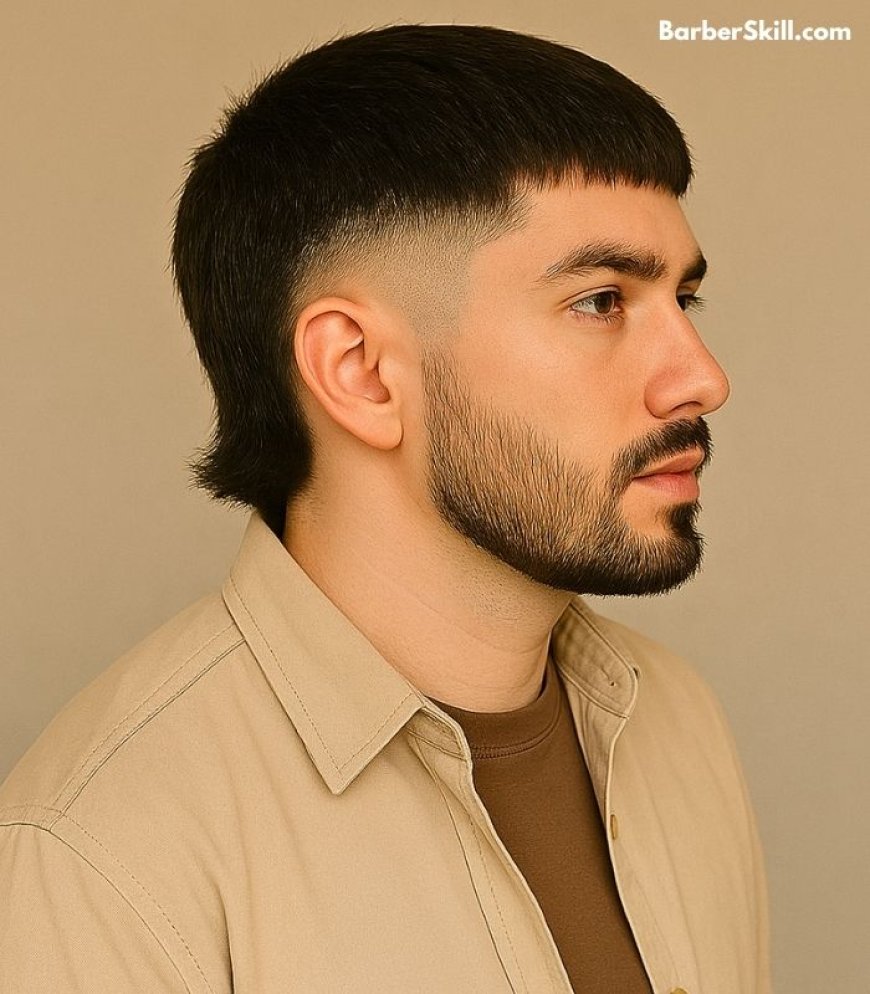 A handsome man having Burst Fade Mullet haircut