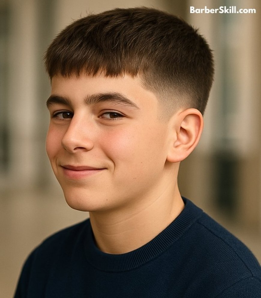 A teen age boy with straight hair having Textured Crop with Taper Fade haircut