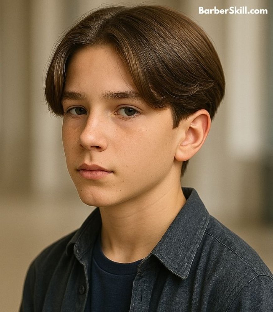 A teen age boy with straight hair having Curtain Bangs with Middle Part haircut