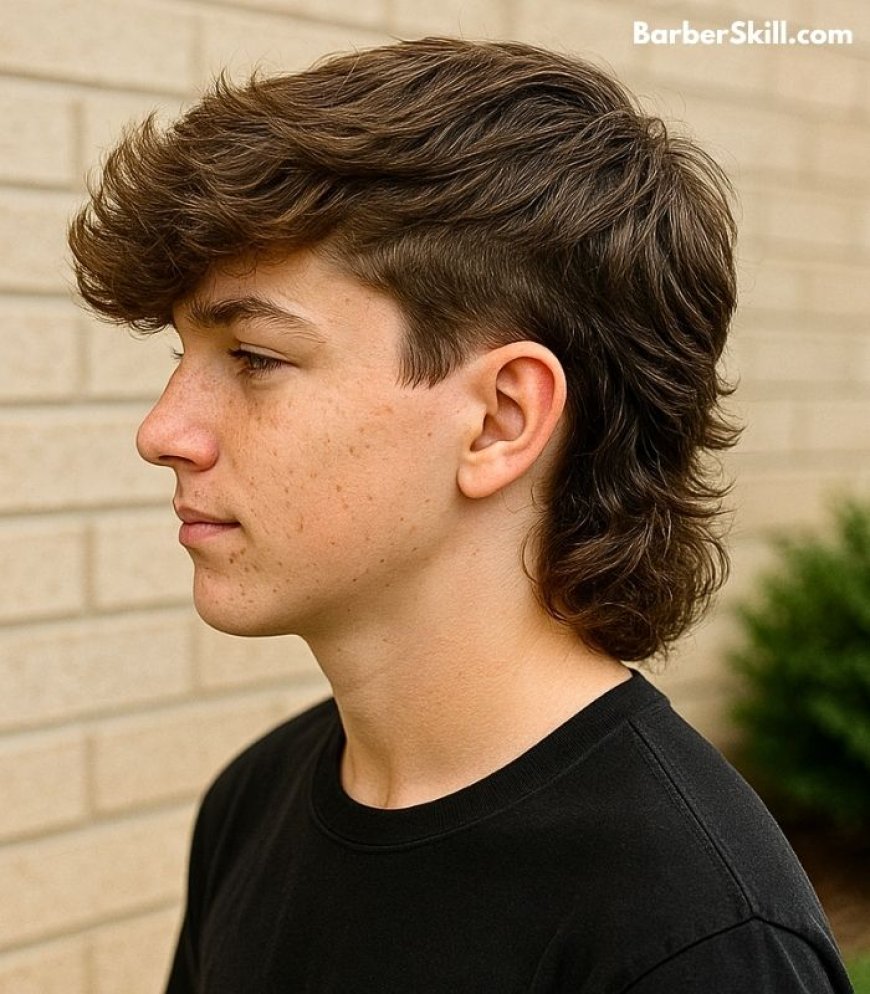 A teen age boy with straight hair having Modern Mullet haircut