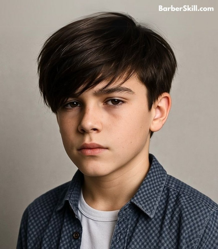 A teen age boy with straight hair having Side-Swept Fringe haircut