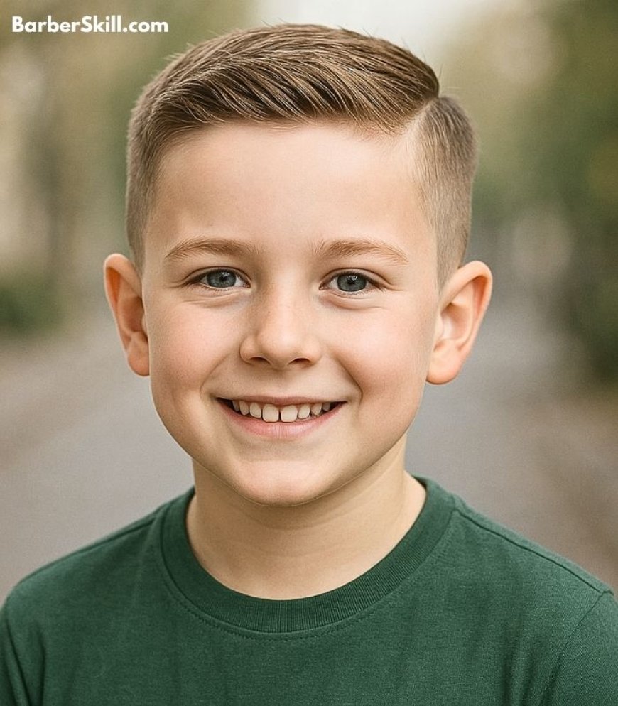 A teen age boy with straight hair having Ivy League Cut haircut