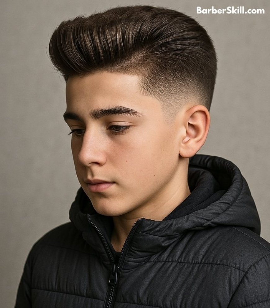A teen age boy with straight hair having Pompadour with Fade haircut