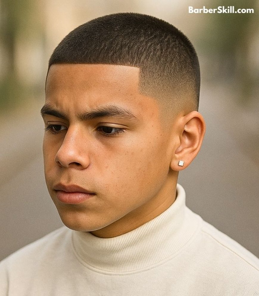 A teen age boy with straight hair having Buzz Cut with Line-Up haircut