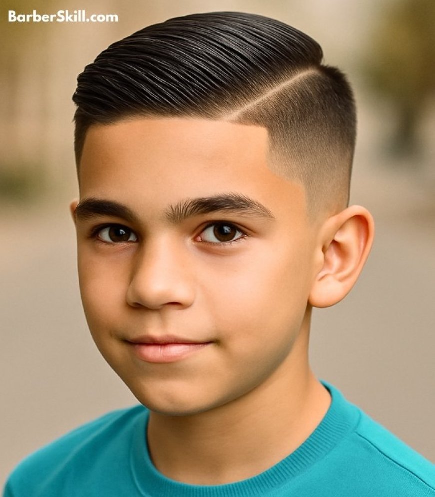 A teen age boy with straight hair having Comb Over with Hard Part haircut