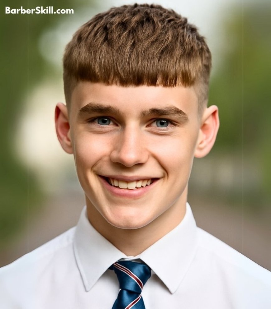 A teen age student boy with straight hair having French Crop haircut