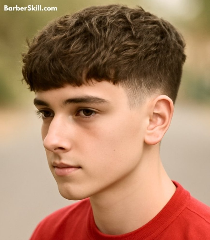 A teen age boy with straight hair having Edgar Cut haircut