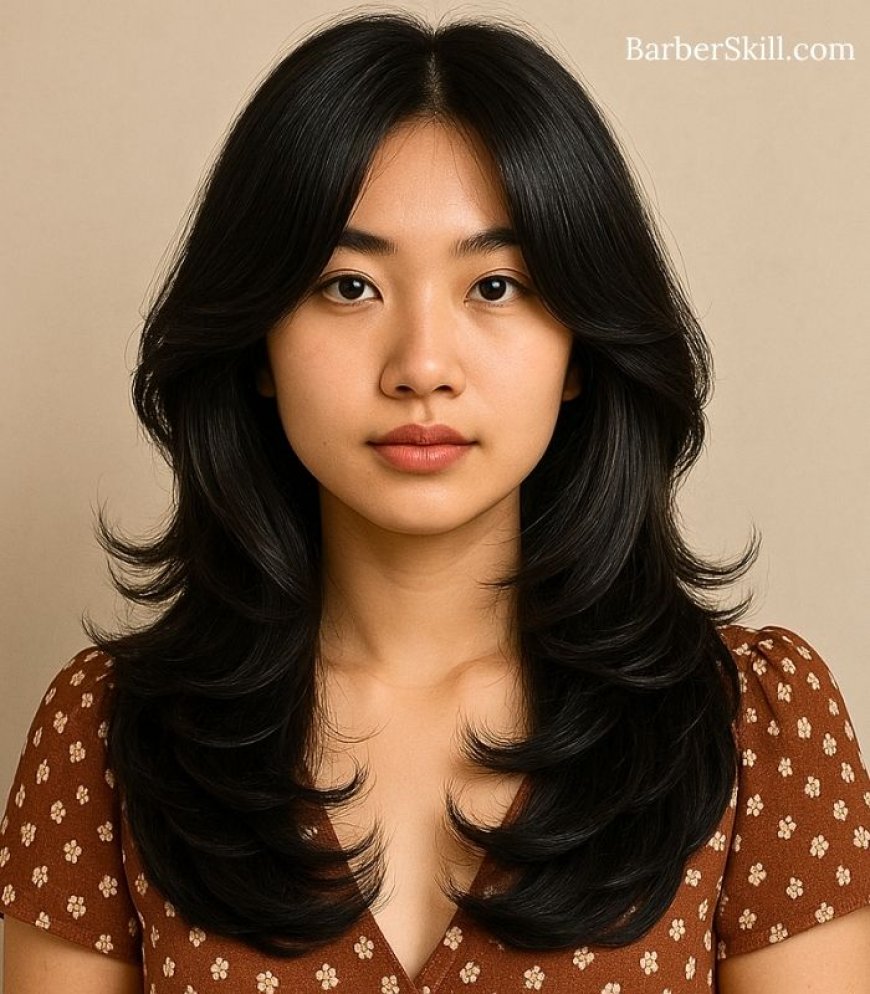 A beautiful woman having Butterfly Cut with Curtain Bangs hairstyle