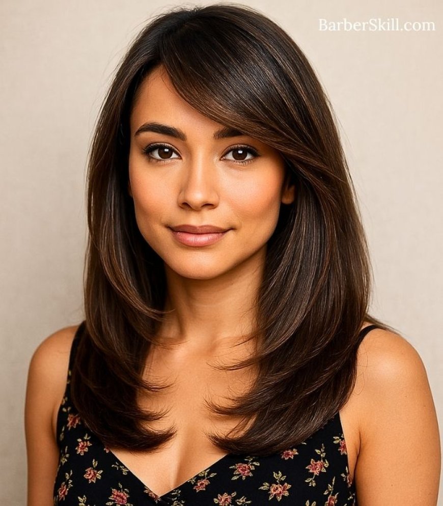 A beautiful woman having Butterfly Cut with Side-Swept Bangs hairstyle